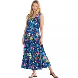 Woman Within Size 4X Pintucked Floral Midi Sleeveless Dress Evening Blue Poppy